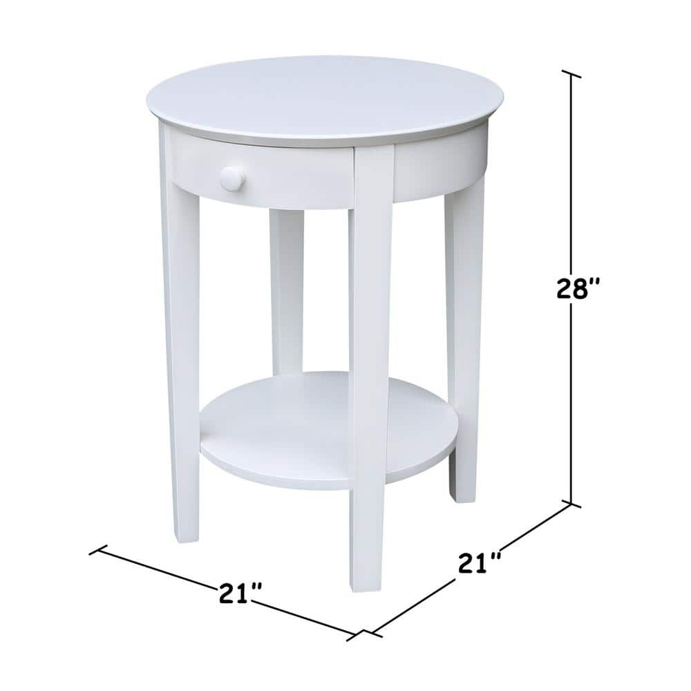 Elegant Round White Parawood Accent Table with Drawer and Shelf