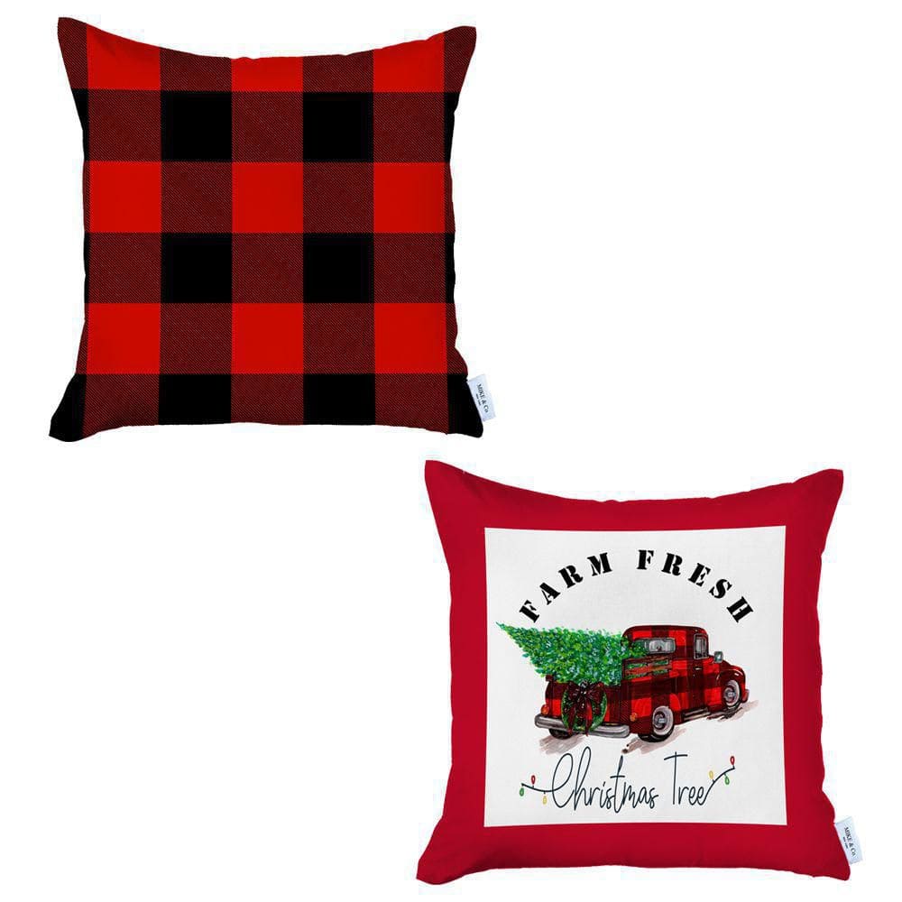 Red and Black Plaid Christmas Truck Polyester Euro Pillow Covers, 18" x 18", Set of 2