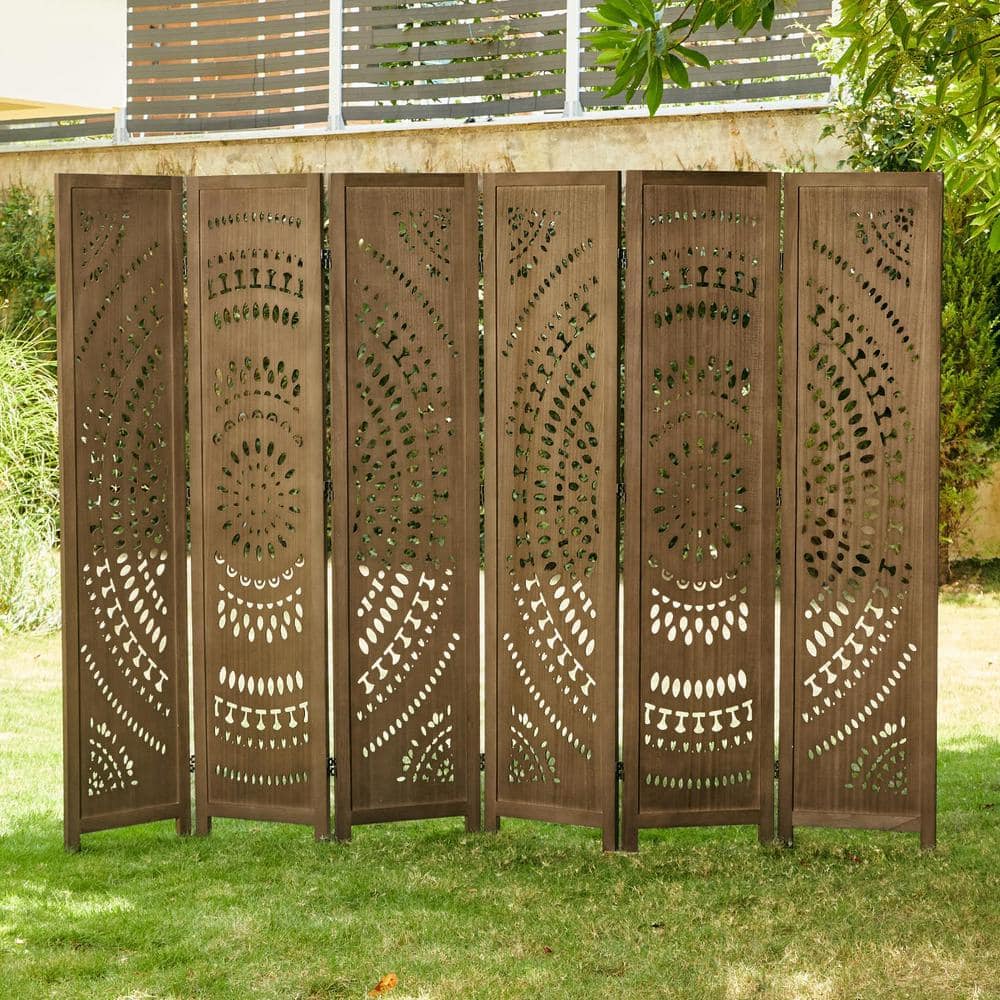 90 in. Brown Wood Carved 6-Panel Folding Room Divider