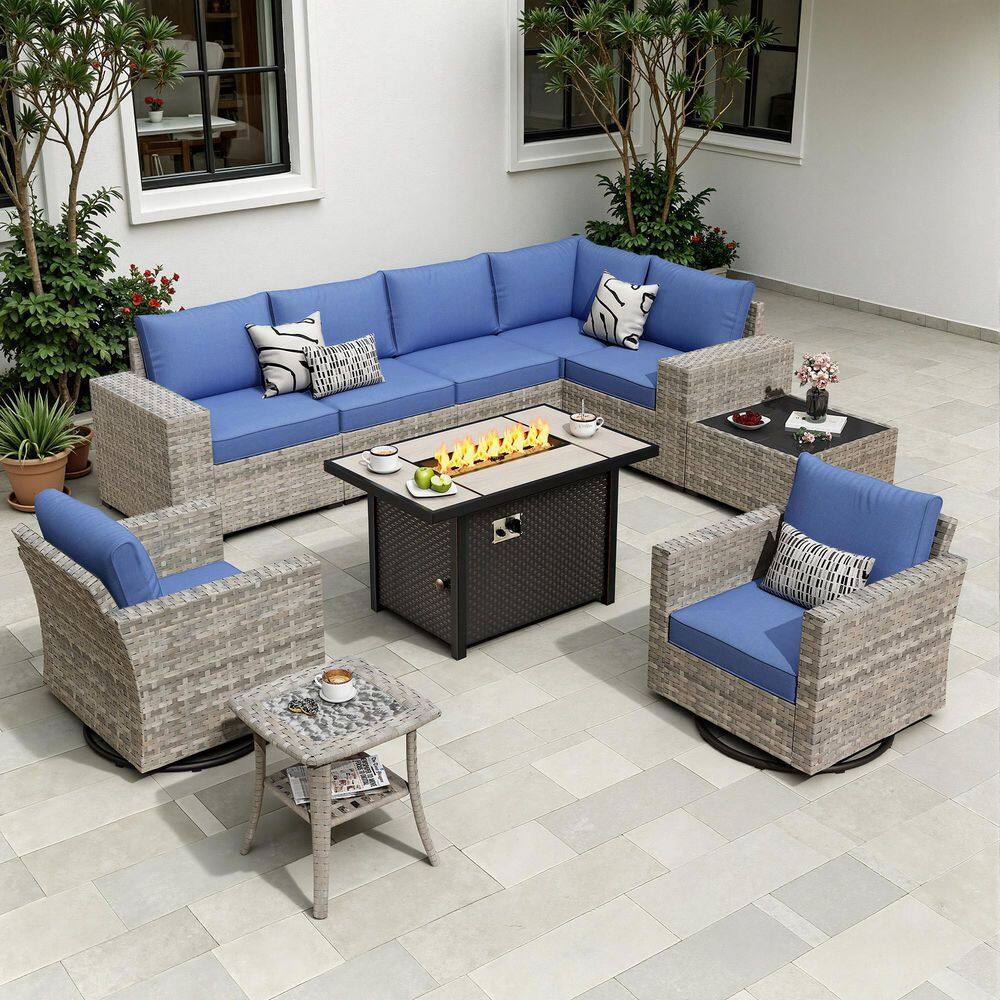 Crater Grey 10-Piece Wicker Patio Fire Pit Conversation Sofa Set with Swivel Rocking Chairs and Navy Blue Cushions