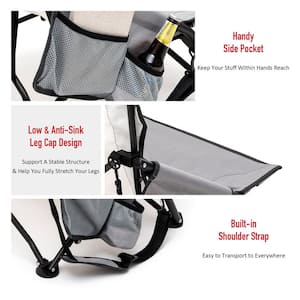2-Piece Gray Metal Patio Folding Beach Chair Lawn Chair Camping Chair with Side Pockets and Built-in Shoulder Strap