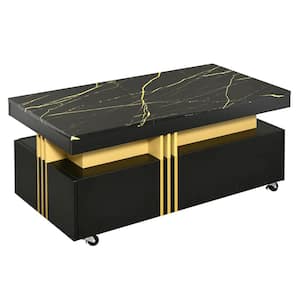 Luxury 39.3 in. Black Rectangle Faux Marble Coffee Table with 2-Drawers and Caster Wheels