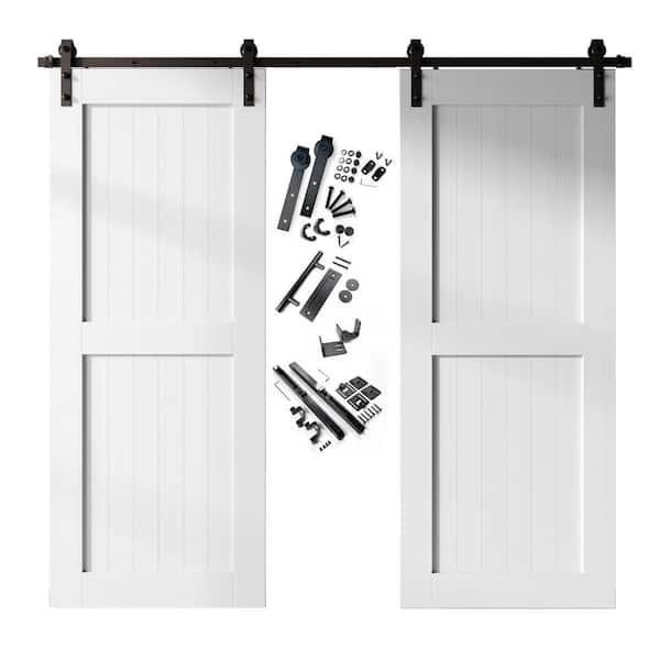 HOMACER 36 in. x 96 in. H-Frame White Double Pine Wood Interior Sliding Barn Door with Hardware Kit, Non-Bypass