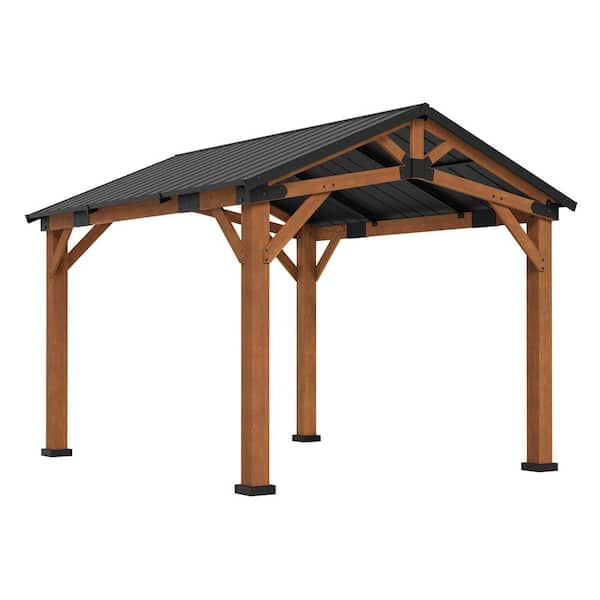 Hampton 10 ft. x 12 ft. Yellow Brown Wood Outdoor Gazebo with Iron Peak Roof HardTop Patio Pavilion