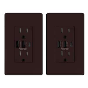 30-Watt 15 Amp 3-Port Type C and Dual Type A USB Duplex USB Wall Outlet, Wall Plate Included, Brown (2-Pack)