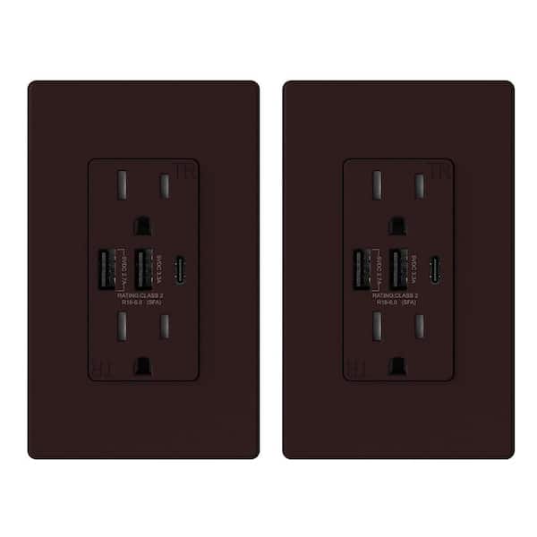 ELEGRP 30-Watt 15 Amp 3-Port Type C and Dual Type A USB Duplex USB Wall Outlet, Wall Plate Included, Brown (2-Pack)