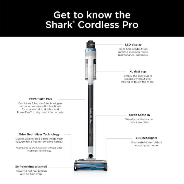  SHARK UZ565H Pro Cordless Vacuum w/ Clean Sense IQ & MultiFLEX  Technology, PowerFins Plus Brushroll, Duster Crevice Tool & Anti-Allergen  Dusting Brush, Up to 40 Minute Runtime, White/Blue (Renewed)
