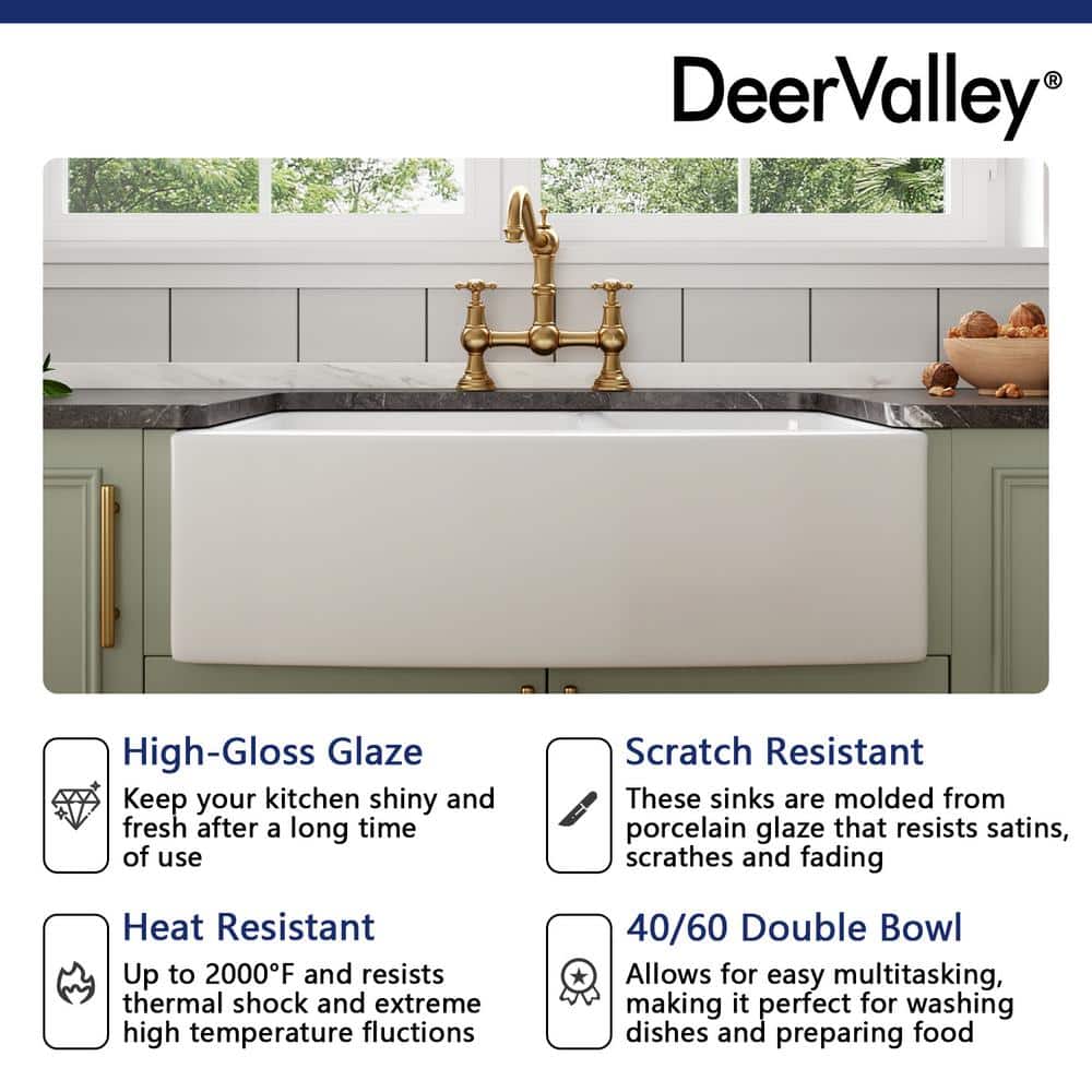 DeerValley 33" White Fireclay Double Bowl Farmhouse Sink