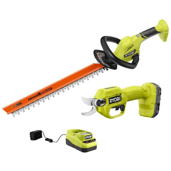 RYOBI ONE+ 18V Cordless Pruner and ONE+ 18V 22 in. Lithium-Ion Cordless Hedge Trimmer with 2.0 Ah Battery and Charger