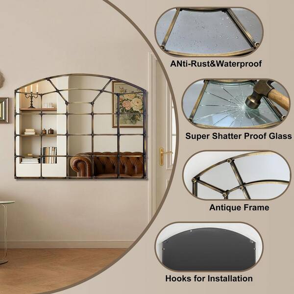 47 in. W x 34 in. H Arched Antique Bronze Metal Framed Windowpane Design Wall Mounted Bathroom Vanity Mirror