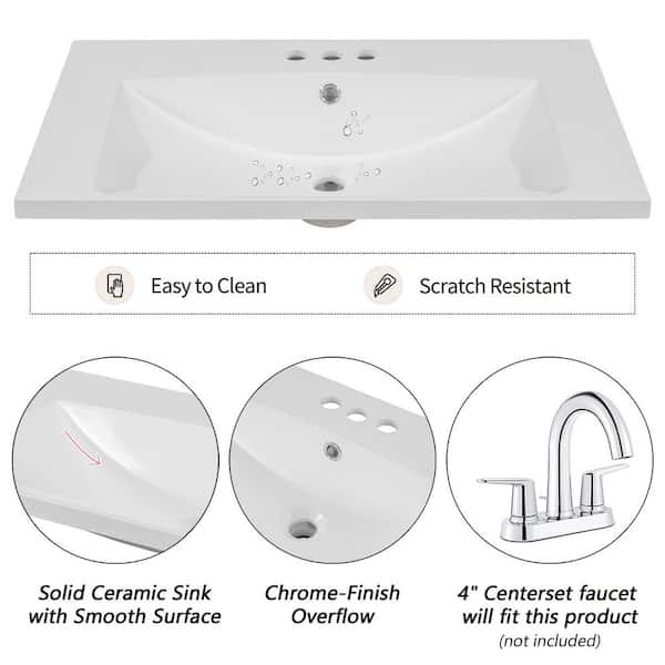 30.0 in. Drop-In Rectangular Vanity Top Bathroom Sink in White Ceramic with 3-Faucet Holes