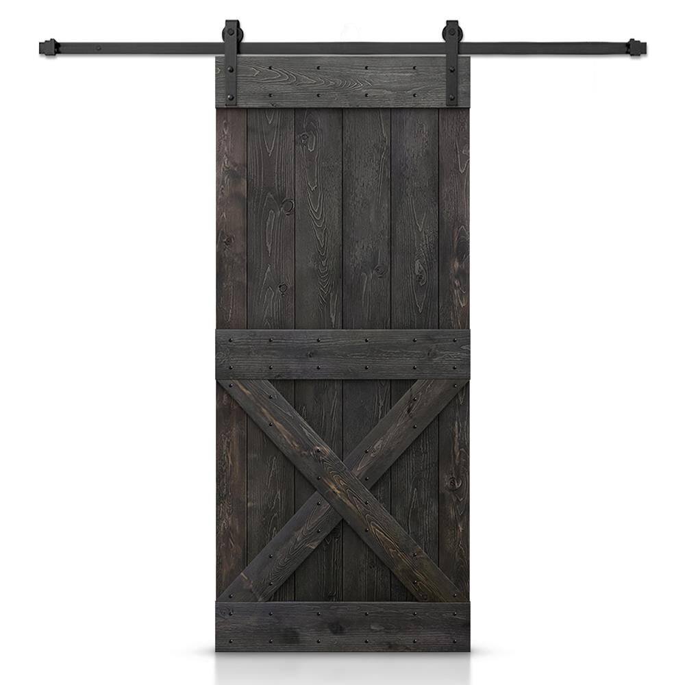 Charcoal Black Knotty Pine Sliding Barn Door with Matte Black Hardware Kit
