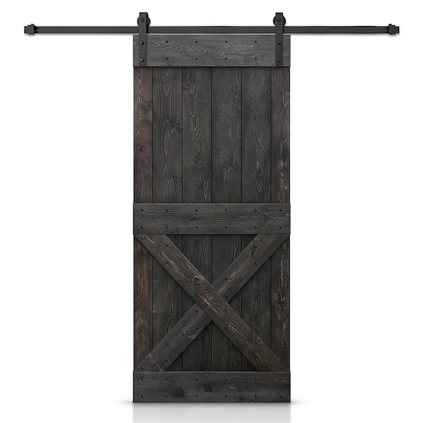 CALHOME 38 in. x 84 in. Distressed Mini X Series Charcoal Black Stained DIY Wood Interior Sliding Barn Door with Hardware Kit