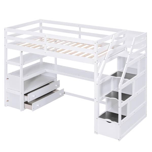 Polibi Twin Size Loft Bed with Desk and Shelves, Two Built-in Drawers, Storage Staircase, White