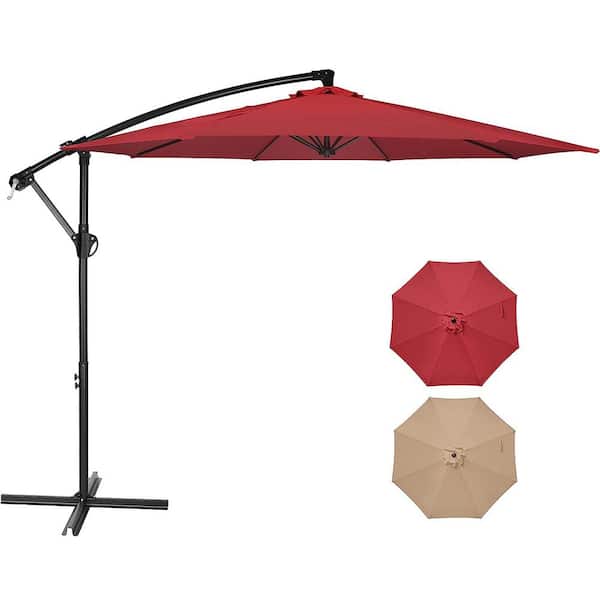 JimsMaison 10 ft. Iron Market Umbrella in Red with Crank and Cross Base