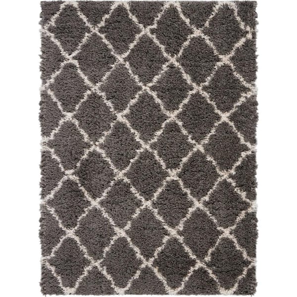 Nourison Ultra Plush Shag Charcoal/Beige 5 ft. x 8 ft. Abstract Plush Contemporary Area Rug