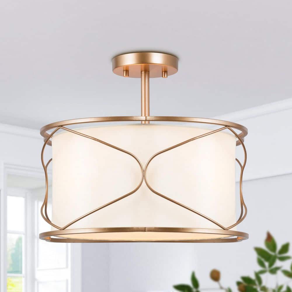 16 in. 3-Light Transitional Gold Semi-Flush Mount Light with Fabric Shade, Ceiling Light for Cloakroom, Bedroom, Foyer price history on PriceWatchPro