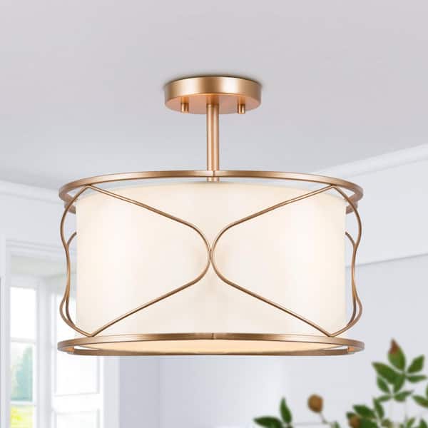 Modern Drum Ceiling Light Imogen 16 in. 3-Light Brass Gold Round Semi-Flush Mount Light with Fabric Shade