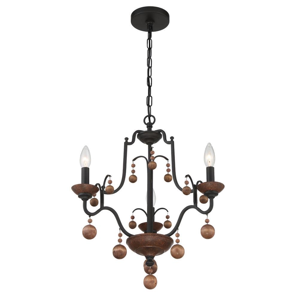 Colonial Charm Mini 3-Light Old World Bronze & Walnut Chandelier