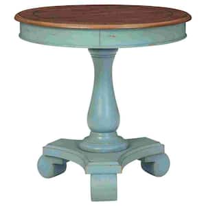 26 in. Brown and Teal Blue Round Wood End Table with Metal Frame