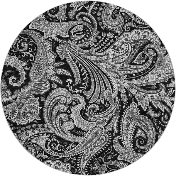 Dream Shag Premium Machine Washable Abstract ADS654 Black 8 ft. x 8 ft. Round Rug