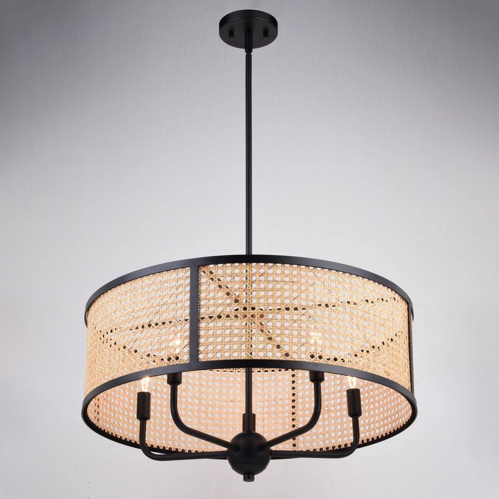 Matte Black and Rattan Drum Pendant Light Fixture