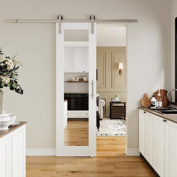 24 in. x 80 in. 1-Lite Mirrored Glass White Primed MDF Sliding Barn Door with Hardware Kit Nickel Plated