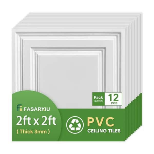2 ft. x 2 ft. White Icon Relief PVC Drop Ceiling Tile, Waterproof, Washable, Fire-Rated (48 sq. ft./case, 12 Tiles)