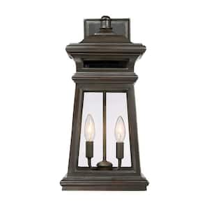 Taylor 9.25 in. W x 19.25 in. H 2-Light English Bronze/Gold Hardwired Outdoor Wall Lantern Sconce with Clear Glass