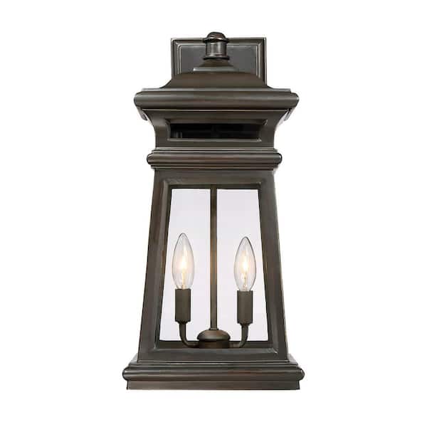 Savoy House Taylor 9.25 in. W x 19.25 in. H 2-Light English Bronze/Gold Hardwired Outdoor Wall Lantern Sconce with Clear Glass