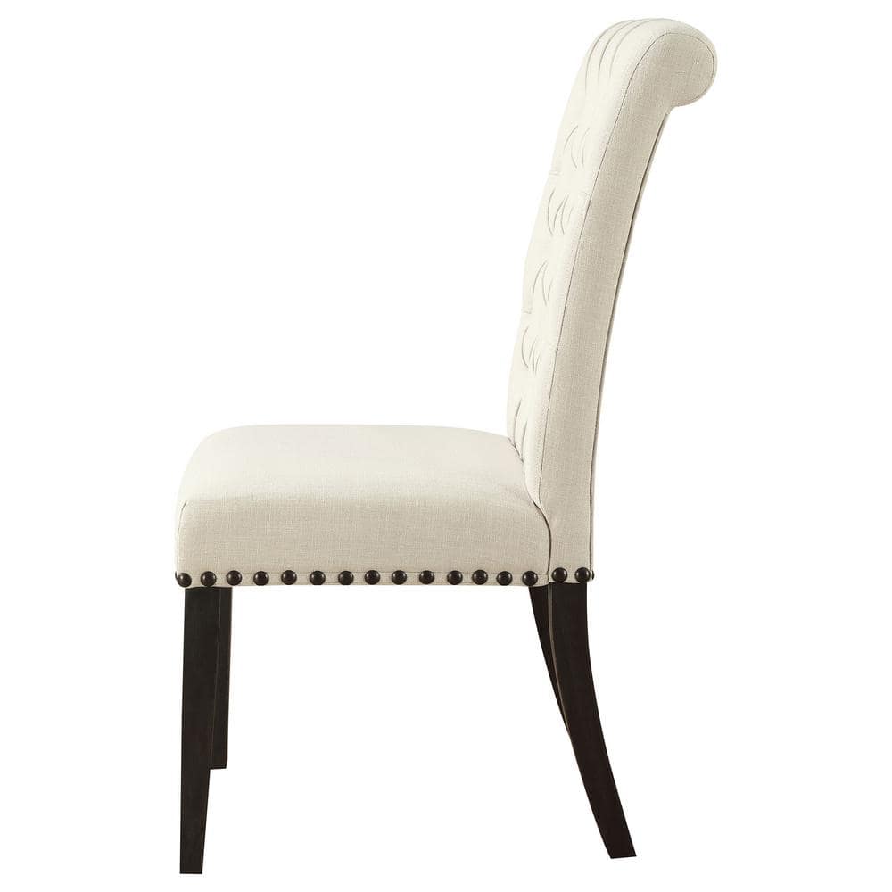 High-Back Beige Linen Upholstered Side Chair with Tufted Detail