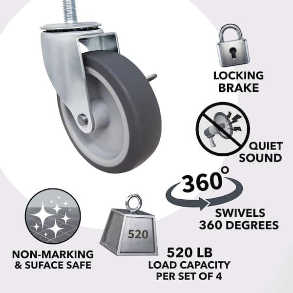 4 in. Gray Rubber Like TPR and Steel Swivel Threaded Stem Caster with Locking Brake and 130 lb. Load Rating