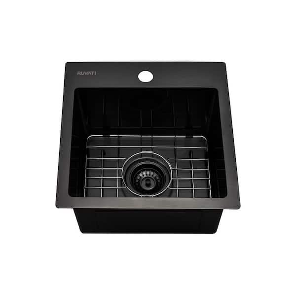 Ruvati Terraza Black 16 Gauge Stainless Steel 15 in. 1-Hole Drop-In Bar Sink in Gunmetal Black