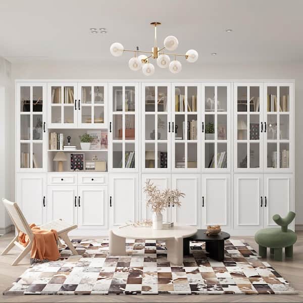 FUFU&GAGA 141.7 in. Luxurious Wall Wide White Wooden 30 Shelves Accent Bookcase with Tempered Glass Door & 2 Drawers