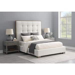 Remi Off White Solid Wood Frame Base Queen Size Platform Bed with Stain-Resistant Tufted Fabric Headboard
