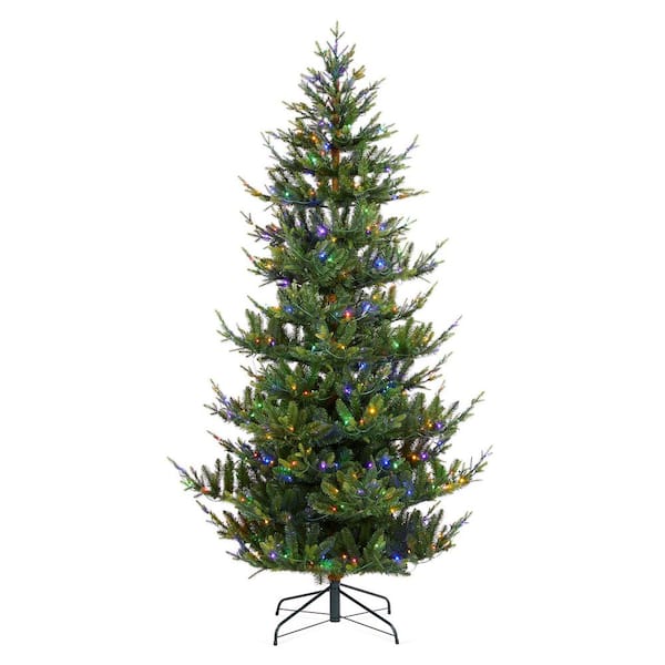 Glitzhome 7.5 ft. Pre-Lit Green Upward Slim Fir Artificial Christmas Tree with 500 Warm White and Multi-color LED lights