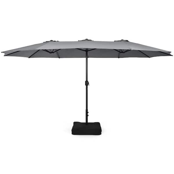 Gymax 15 ft. Double-Sided Patio Twin Umbrella Extra-Large Market Umbrella with Base Gray