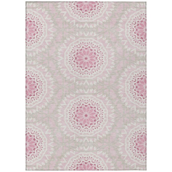 Pink, Blush, Ivory 5 ft. x 8 ft. Woven Floral, Medallion Polyester Rectangle Indoor/Outdoor Area Rug