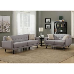 Crystal Upholstered Mid-Century 2-Piece Gray Living Room Set with 4-Accent Pillows