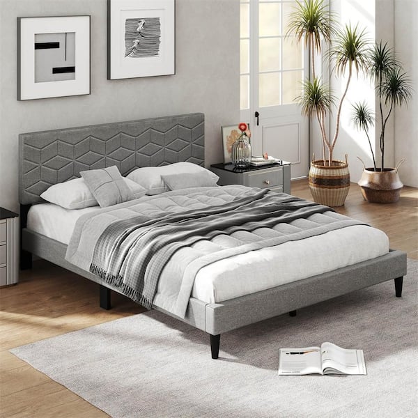 Gray Wood Frame Queen Size Platform Bed Frame with Linen Fabric Upholstered Headboard and Wooden Slat Support