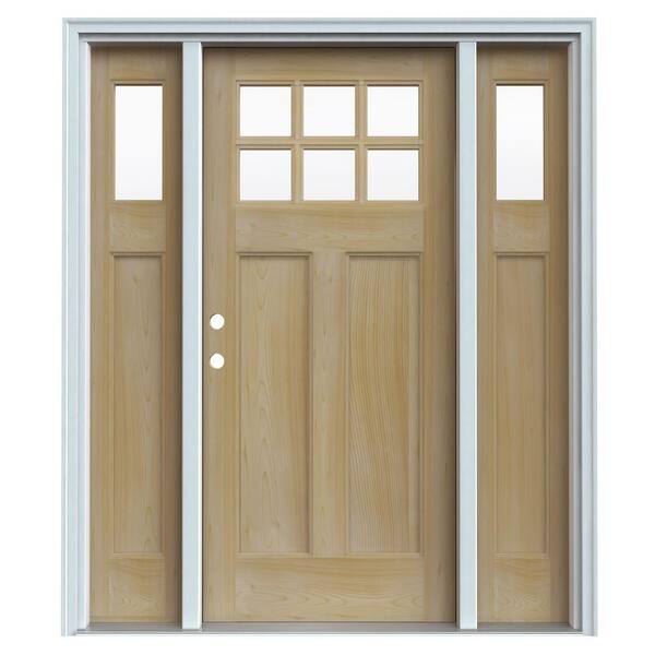 JELD-WEN 6 Lite Craftsman Unfinished AuraLast Pine Wood Prehung Front Door with Two 14 in. Sidelites & Primed Jamb-DISCONTINUED