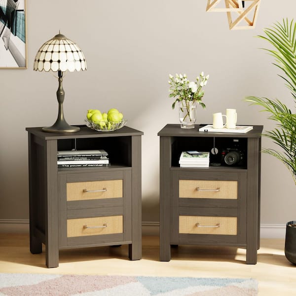 Rattan Nightstand with Charging Station, End Table with 2-Storage Drawers and 1-Open Shelf, for Bedroom, Vintage Gray