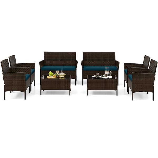 8-Piece Wicker Patio Conversation Set with Chair Loveseat and Tempered Glass Table Peacock Blue Cushions