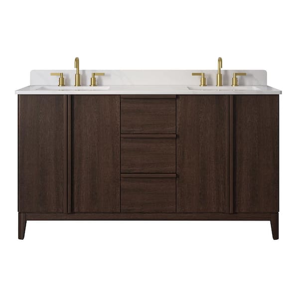 Sellan 61 in. Double Sink Dark Walnut Bath Vanity with Calacatta White Quartz Top (Assembled)