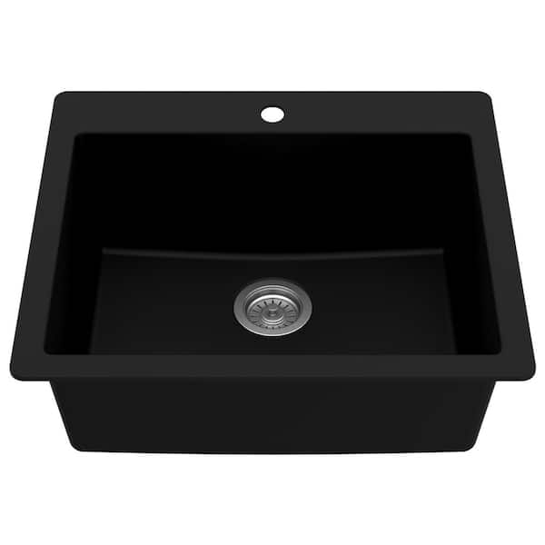 QT-820 Quartz/Granite 25 in. Single Bowl Drop-In Kitchen Sink in Black
