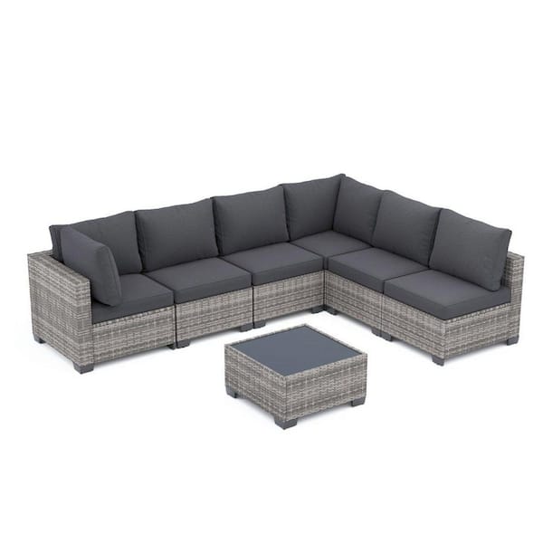 Gray Wicker 7-Piece Outdoor Patio Sectional Sofa,All-Weather PE Rattan Conversation Set w/Gray Cushions and Coffee Table