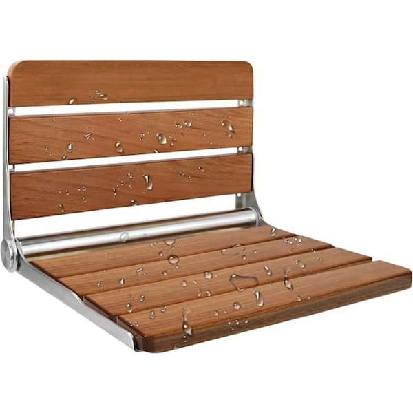 16 in. D x 13.3 in. W Wall Mounted Folding Teak Shower Seat in Brown Fold Down Shower Bench Teak Wood Stool