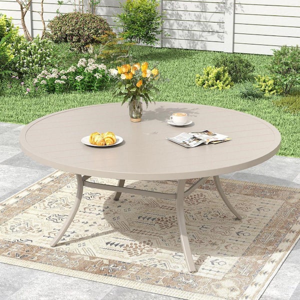 60 round patio table with umbrella hole DIFY Sandshell 60 in. Round Outdoor Patio Table, All-Weather Metal Dining  Table with Umbrella Hole for 8-10 Person Seater D-RBT06CR