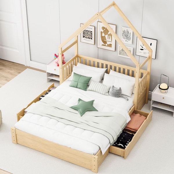 Harper & Bright Designs Natural Brown Wood Frame Queen Size House Platform Bed with Roof, Bedhead Guardrail and 2- Spacious Drawers
