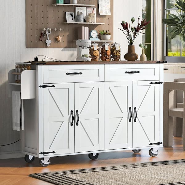 White Wood 53.5 in. Farmhouse Kitchen Island with Power Outlet, Drawer and Drop Leaf